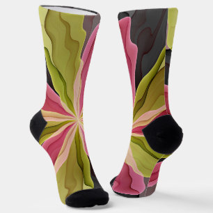 Rosa grüne Anthrazit-Fantasie-Blumen-Fraktal-Kunst Socken