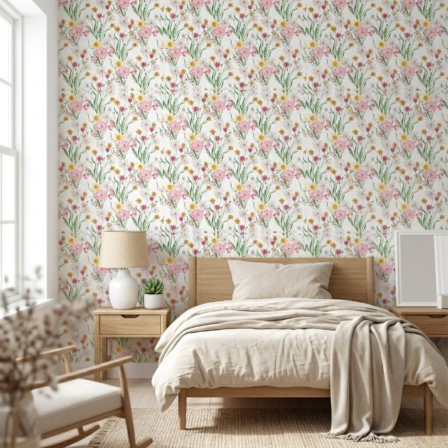 Rosa Grüne Aquarell-Wildblume Tapete (Pink Green Watercolor Wildflower Floral Wallpaper)