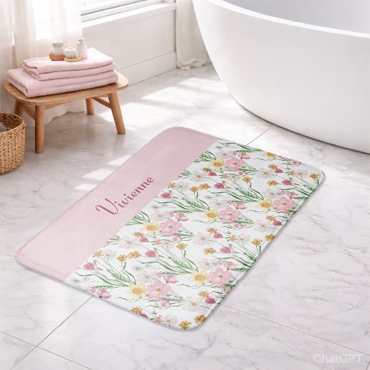 Rosa grüne Aquarell-Wildblumen-Monogramm Badematte