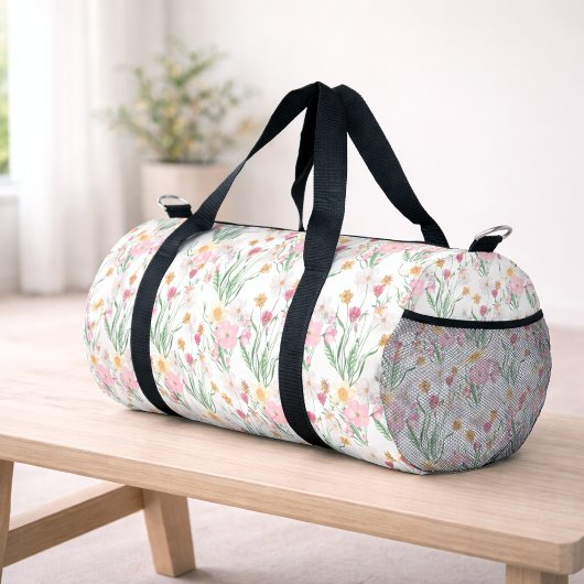 Rosa Grüne Aquarell-Wildblumen-Monogramm Duffle Bag