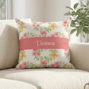 Rosa grüne Aquarell-Wildblumen-Monogramm-Name Kissen