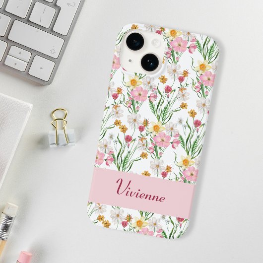 Rosa grüne Aquarell-Wildblumen-Name Case-Mate iPhone Hülle