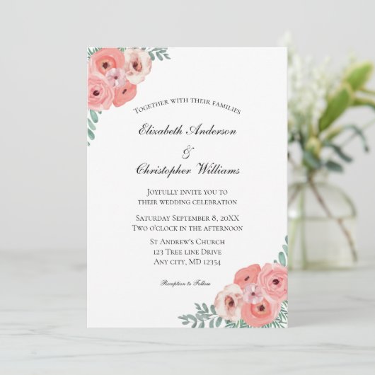 Rosa grüne Aquarellfarbe Elegante Hochzeit Einladung (Stehend Vorderseite)