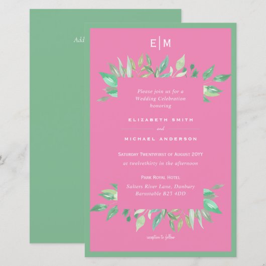 Rosa Grüne Blätter Haushalt Hochzeit Einladungen (Vorne/Hinten)