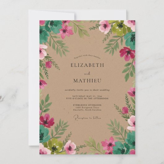 Rosa grüne Blätterhochzeit Einladung (Vorderseite)