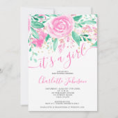 Rosa grüne blühende Rose Aquarellmädchen Babydusch Einladung (Vorderseite)