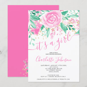 Rosa grüne blühende Rose Aquarellmädchen Babydusch Einladung