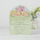 Rosa grüne Blume Hochzeit von Birds Baum Einladung (Stehend Vorderseite)