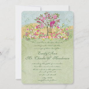 Rosa grüne Blume Hochzeit von Birds Baum Einladung