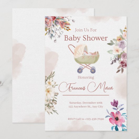 Rosa grüne Blume Kinderdusche Einladung (Vorne/Hinten)