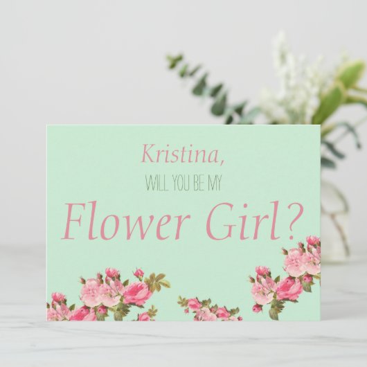 Rosa grüne Blume wird mein Blumenmädchen sein Einladung (Stehend Vorderseite)