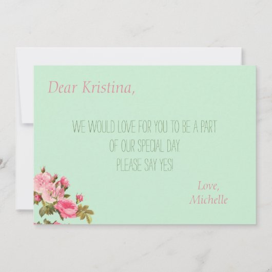 Rosa grüne Blume wird mein Blumenmädchen sein Einladung (Rückseite)