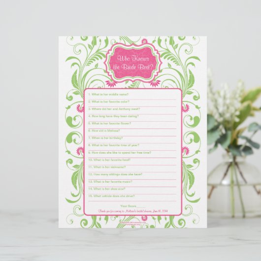 Rosa Grüne Blumenbrücke Bestes Brautparty Spiel (Stehend Vorderseite)