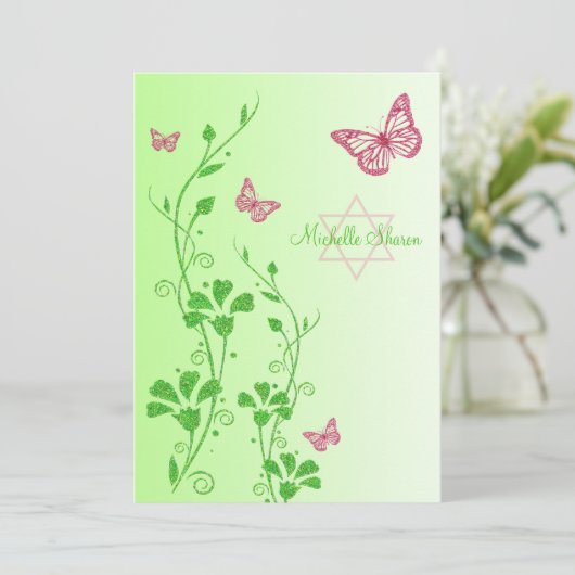 Rosa, grüne Blumenketzer Bat Mitzvah Einladung (Stehend Vorderseite)