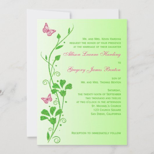 Rosa, grüne Blumenschmetterlinge Einladung zur Hoc (Rückseite)