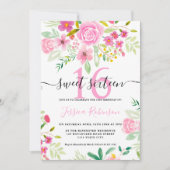 Rosa grüne Blumenschrift Sweet 16 Einladung (Vorderseite)