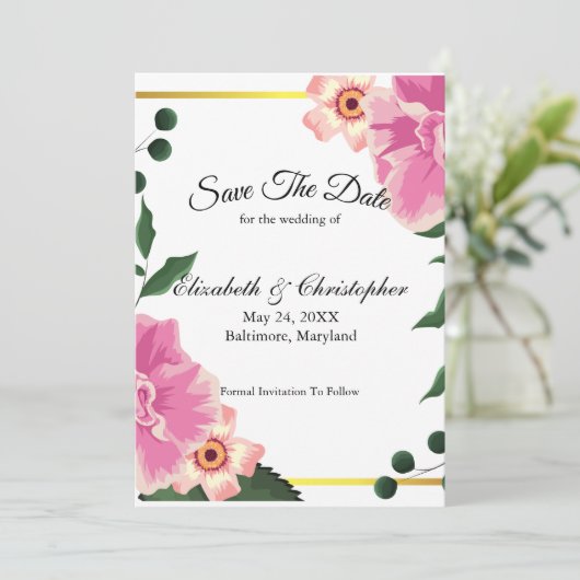 Rosa Grüne Blütengoldblume Save The Date (Stehend Vorderseite)