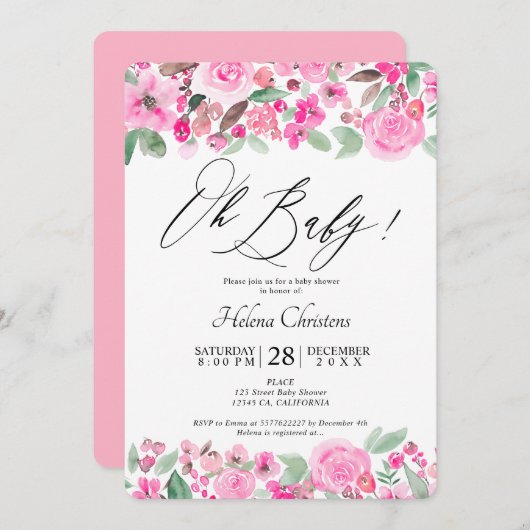 Rosa grüne Blütenwasserfarbe Babydusche Einladung (Vorne/Hinten)