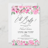 Rosa grüne Blütenwasserfarbe Babydusche Einladung (Vorderseite)