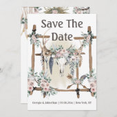 Rosa grüne Boho-Antlers, die den Stammesfedern ein Save The Date (Vorne/Hinten)
