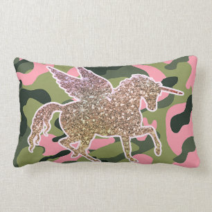 Rosa Grüne Camo Tarnung & Gold Glitzer Einhorn Lendenkissen