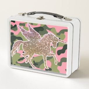 Rosa Grüne Camo Tarnung & Gold Glitzer Einhorn Metall Brotdose