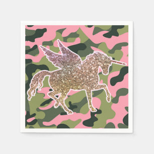 Rosa Grüne Camo Tarnung & Gold Glitzer Einhorn Serviette