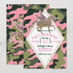Rosa grüne Camouflage Camouflage & Gold Einhorn Pa Einladung
