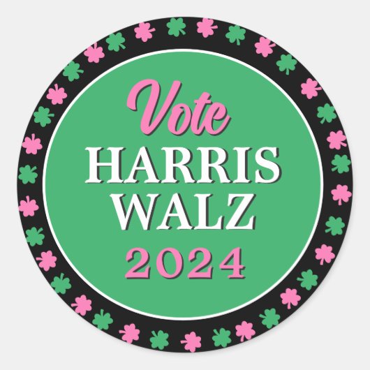 Rosa Grüne Clover 2024 Abstimmung Harris Walz Runder Aufkleber (Vorderseite)