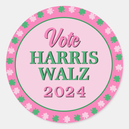 Rosa Grüne Clover 2024 Abstimmung Harris Walz Runder Aufkleber (Vorderseite)