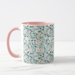 Rosa grüne Cottagecore-Wasserfarben-Blumen Tasse
