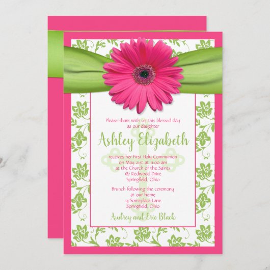 Rosa grüne Daisy Damask Erste Einladung (Vorne/Hinten)