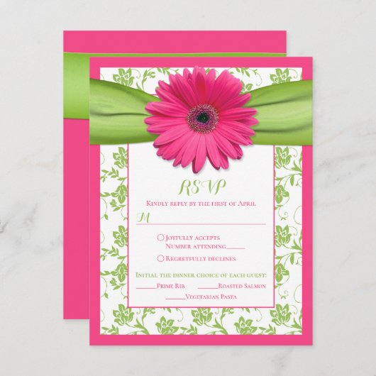 Rosa grüne Daisy Damask Hochzeitsmahlzeit UAWG RSVP Karte (Vorne/Hinten)