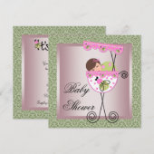 Rosa grüne Damaske Kinderdusche Einladungen (Vorne/Hinten)