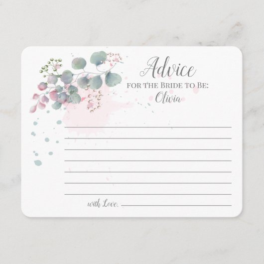 Rosa grüne Eukalyptusberatung für die Braut Hinweiskarte (Vorderseite)