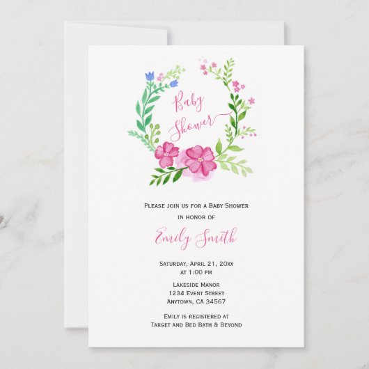 Rosa grüne Flora | Virtual Baby-Dusche Einladung (Vorderseite)
