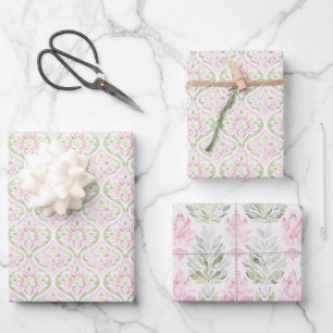 Rosa Grüne Florale Abstrakte Geburtstagsfeier Geschenkpapier Set