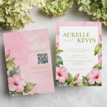Rosa grüne florale Sommer-Watercolor QRcode Hochze