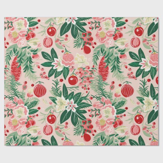 Rosa grüne Florals Retro Weihnachtswrapping Papier Geschenkpapier (Flach)