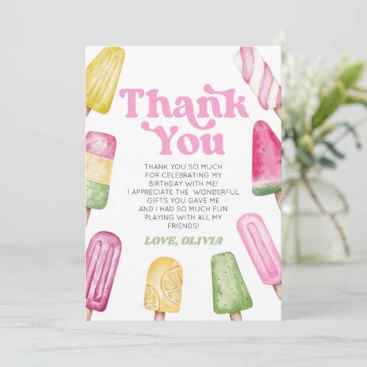 Rosa Grüne Gelbe Retro Popsiday Party Dankeskarte (Stehend Vorderseite)