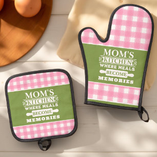 Rosa Grüne Gingham Mama Essen werden Erinnerungen Ofenhandschuh & Topflappen-Set