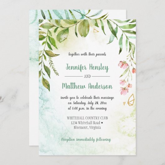 Rosa grüne Goldbotanicals Hochzeit Einladung (Vorne/Hinten)