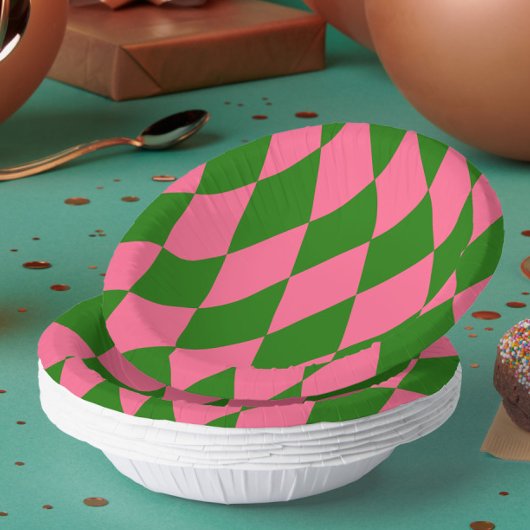 Rosa grüne Harlekin-Karo-Design  Pappteller