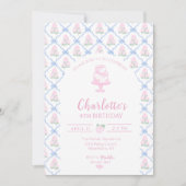 Rosa grüne Hortensien-Terrasse mit blauem Band Einladung (Vorderseite)