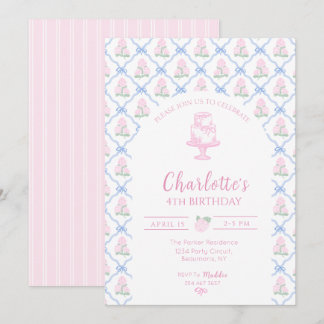 Rosa-grüne Hortensien-Terrasse mit blauem Band Einladung