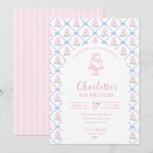 Rosa grüne Hortensien-Trellis mit blauem Band Einladung (Vorne/Hinten)