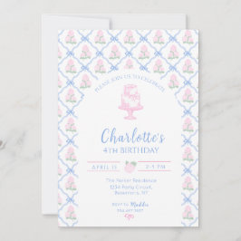 Rosa-grüne Hortensien-Treppe mit blauem Band Einladung