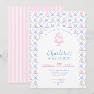 Rosa-grüne Hortensien-Treppe mit blauem Band Einladung