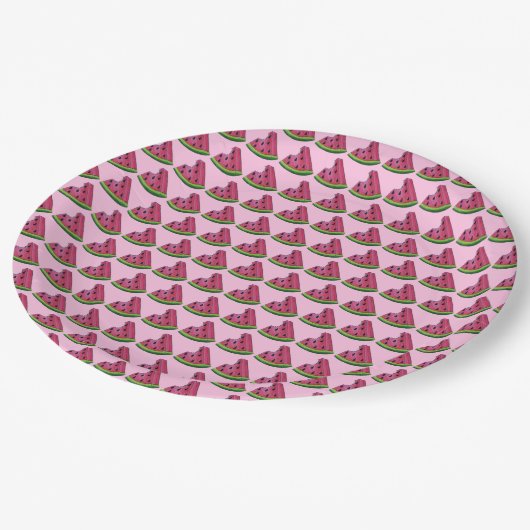 Rosa Grüne Juicy Watermelon Melon Slice Frucht Pappteller (Schrägansicht)