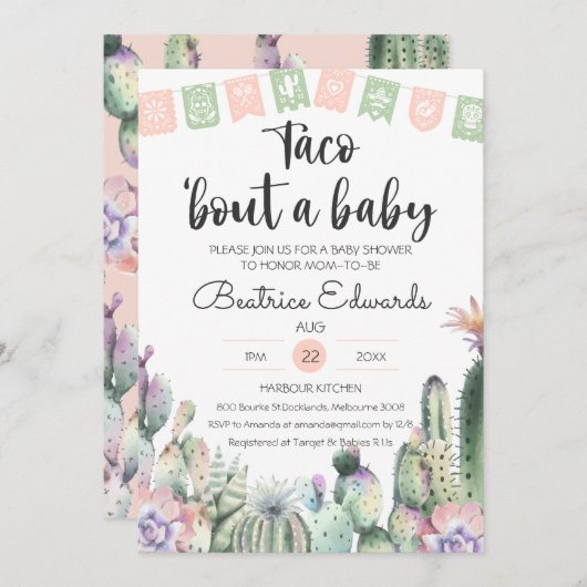 Rosa grüne Kaktus Taco Bout Eine Babydusche UAWG Einladung (Vorne/Hinten)